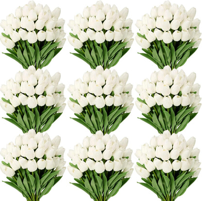 200 Pcs Artificial Tulips Bulk PU Faux Tulips with Stem,White