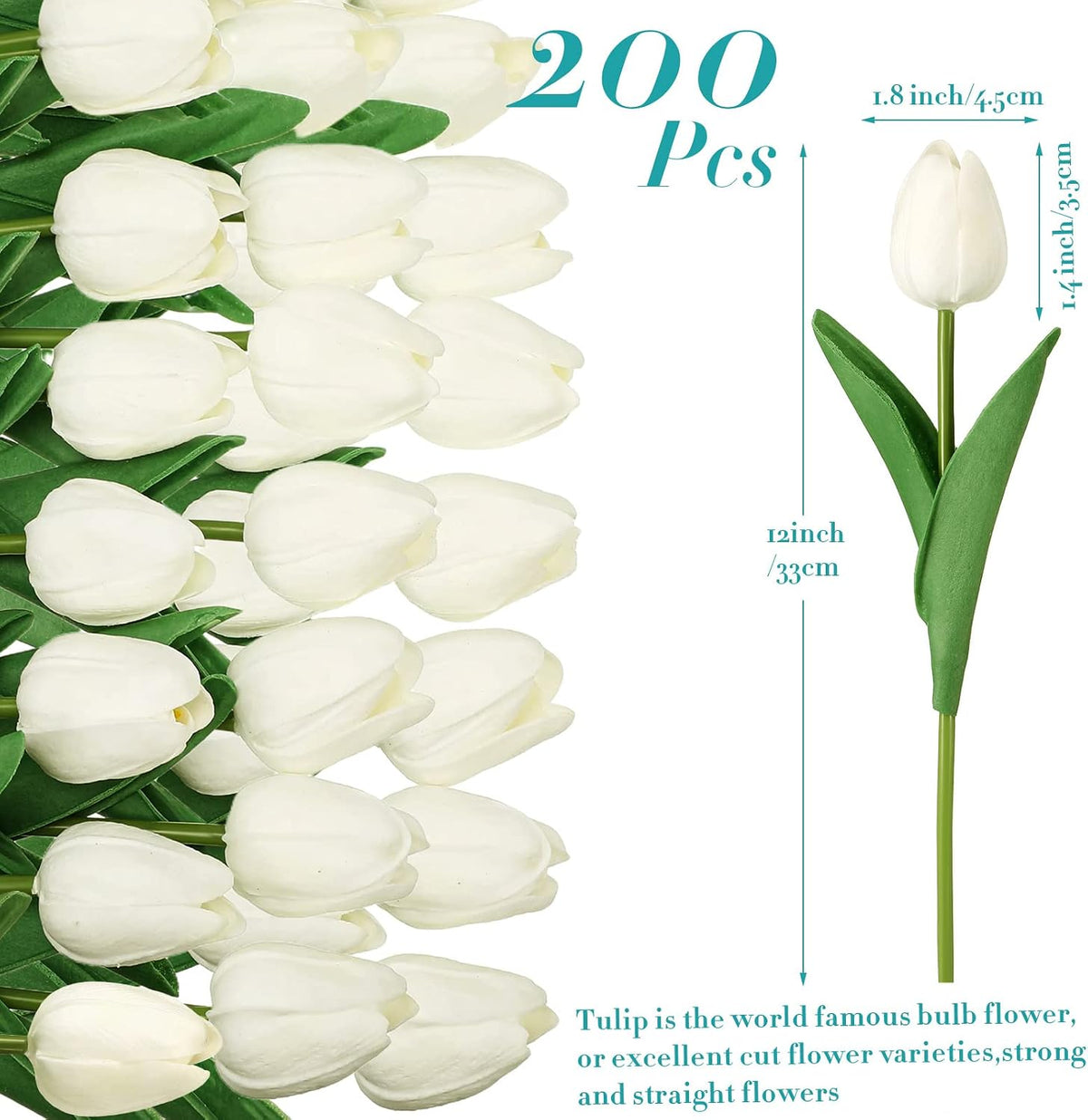 200 Pcs Artificial Tulips Bulk PU Faux Tulips with Stem,White