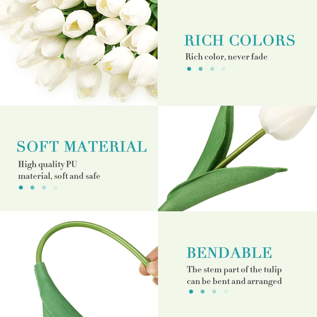 200 Pcs Artificial Tulips Bulk PU Faux Tulips with Stem,White