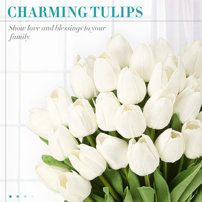 200 Pcs Artificial Tulips Bulk PU Faux Tulips with Stem,White