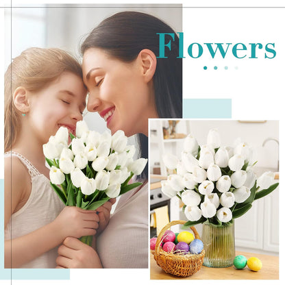 200 Pcs Artificial Tulips Bulk PU Faux Tulips with Stem,White