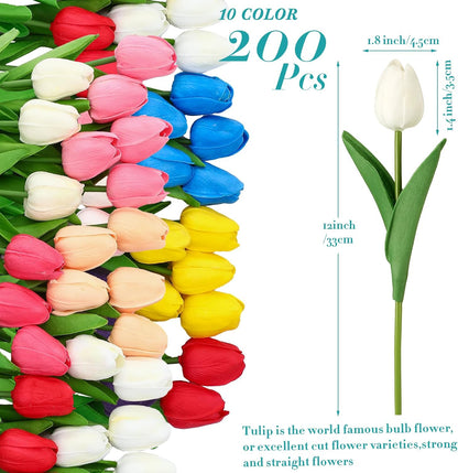 200 Pcs Artificial Tulips Bulk PU Faux Tulips with Stem,White
