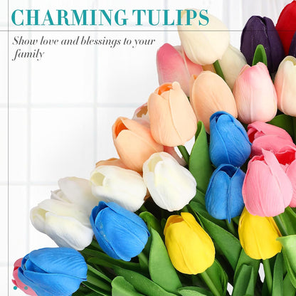 200 Pcs Artificial Tulips Bulk PU Faux Tulips with Stem,White