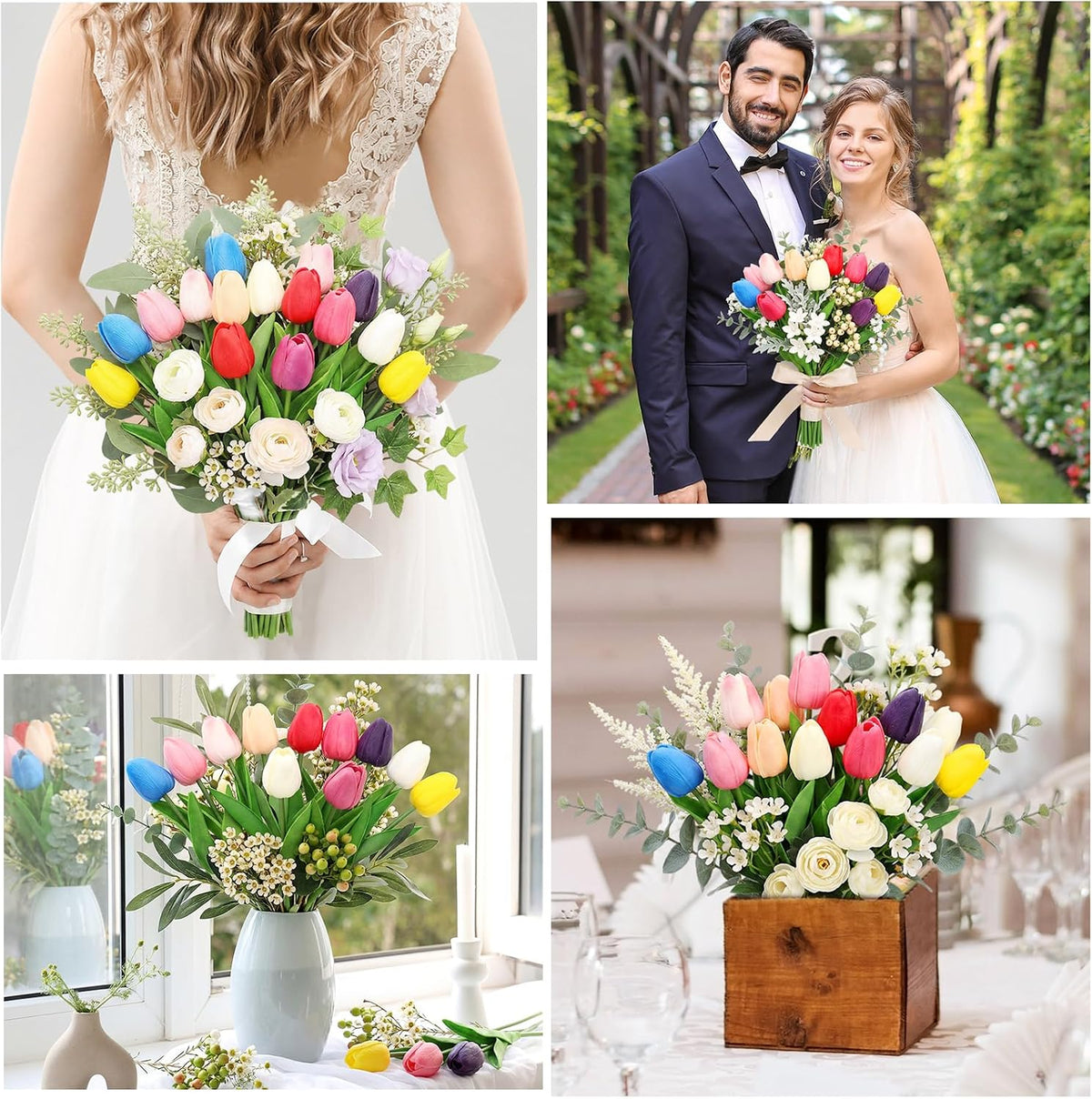 200 Pcs Artificial Tulips Bulk PU Faux Tulips with Stem,White