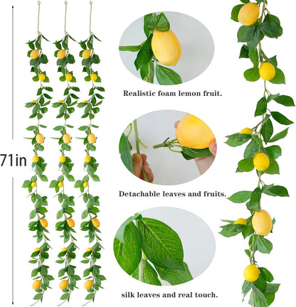 3 Strands Lemon Artificial Vines, 71" Lemon Silk Vine Garland with Green Leaves, Fake Hanging Plants Greenery Decor for Home, Bedroom, Wall, Party, Wedding Decoration