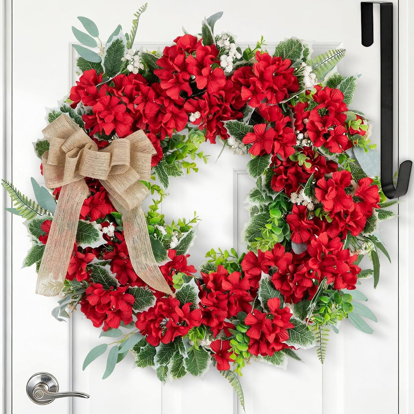 Geranium Wreath for Front Door: Summer Red Wreaths, 24 Inch | with Greenery & Bow, Hanger, Artificial Silk Flower Spring Decor for Outdoor, Wall, Window, Porch, Farmhouse, Christmas