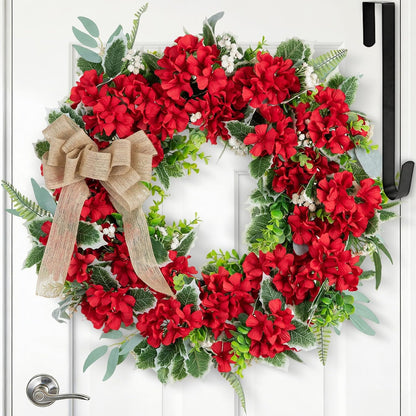 Geranium Wreath for Front Door: Summer Red Wreaths, 24 Inch | with Greenery & Bow, Hanger, Artificial Silk Flower Spring Decor for Outdoor, Wall, Window, Porch, Farmhouse, Christmas