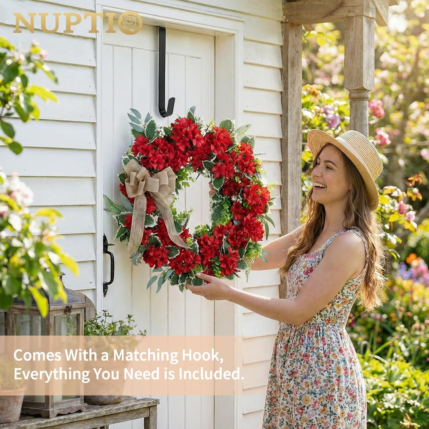 Geranium Wreath for Front Door: Summer Red Wreaths, 24 Inch | with Greenery & Bow, Hanger, Artificial Silk Flower Spring Decor for Outdoor, Wall, Window, Porch, Farmhouse, Christmas