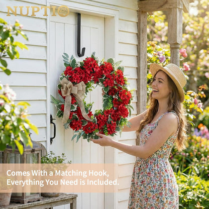 Geranium Wreath for Front Door: Summer Red Wreaths, 24 Inch | with Greenery & Bow, Hanger, Artificial Silk Flower Spring Decor for Outdoor, Wall, Window, Porch, Farmhouse, Christmas