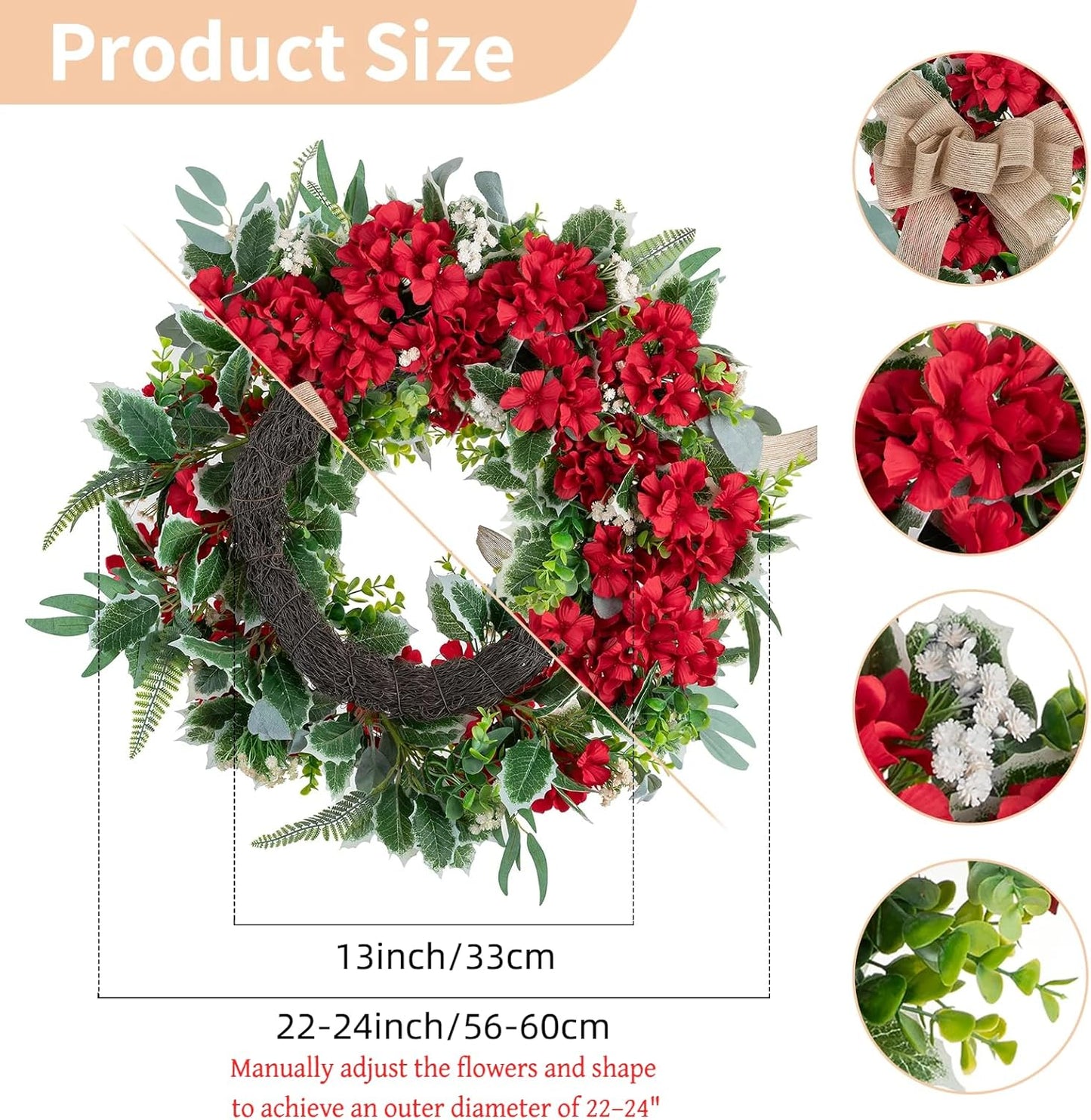 Geranium Wreath for Front Door: Summer Red Wreaths, 24 Inch | with Greenery & Bow, Hanger, Artificial Silk Flower Spring Decor for Outdoor, Wall, Window, Porch, Farmhouse, Christmas