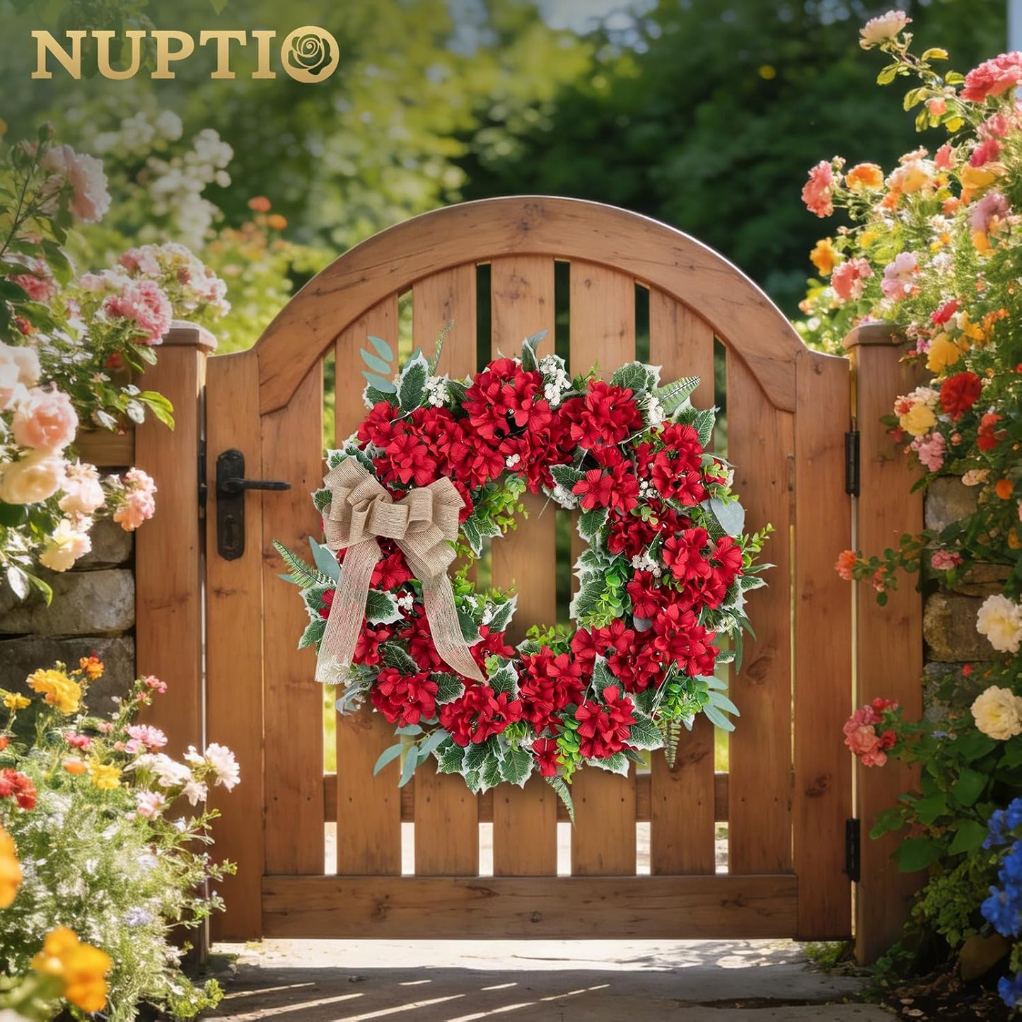 Geranium Wreath for Front Door: Summer Red Wreaths, 24 Inch | with Greenery & Bow, Hanger, Artificial Silk Flower Spring Decor for Outdoor, Wall, Window, Porch, Farmhouse, Christmas
