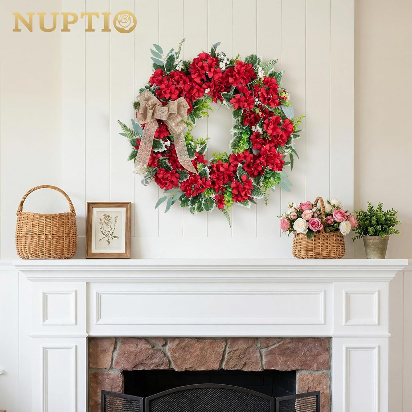 Geranium Wreath for Front Door: Summer Red Wreaths, 24 Inch | with Greenery & Bow, Hanger, Artificial Silk Flower Spring Decor for Outdoor, Wall, Window, Porch, Farmhouse, Christmas