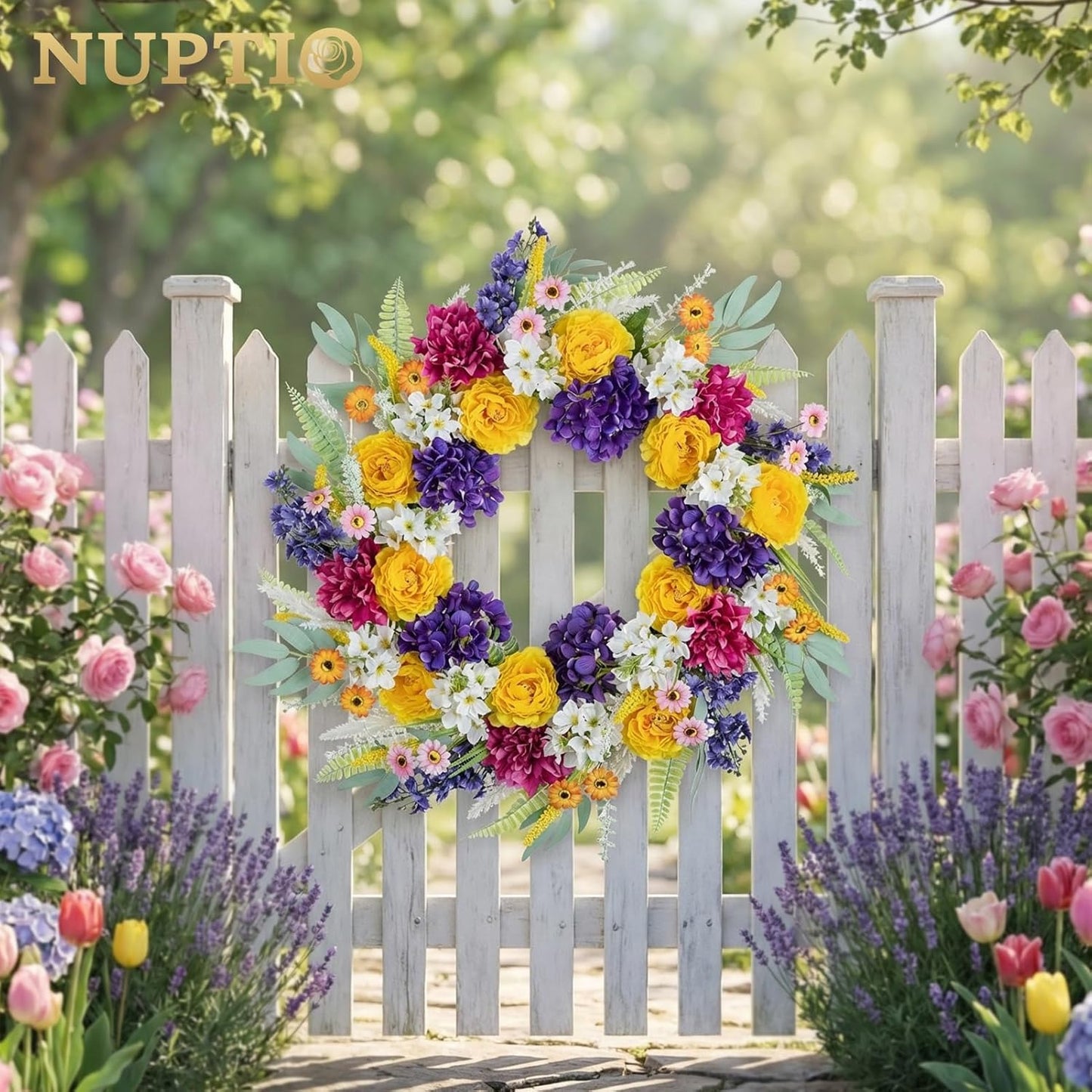 Geranium Wreath for Front Door: Summer Red Wreaths, 24 Inch | with Greenery & Bow, Hanger, Artificial Silk Flower Spring Decor for Outdoor, Wall, Window, Porch, Farmhouse, Christmas
