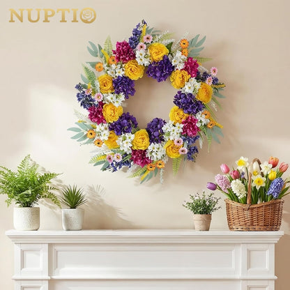 Geranium Wreath for Front Door: Summer Red Wreaths, 24 Inch | with Greenery & Bow, Hanger, Artificial Silk Flower Spring Decor for Outdoor, Wall, Window, Porch, Farmhouse, Christmas