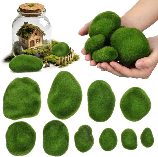20pcs Artificial Moss Rocks Decorative Faux Balls for Floral Arrangements and Green Decor, 4.72 x 3.54 x 2.36 Inch Foam Simulation Stone for Terrarium Landscape