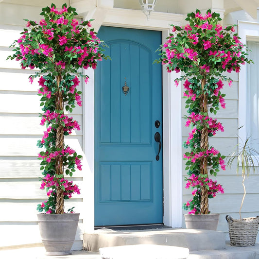 7FT Tall Bougainvillea Artificial Tree for Outdoors or Indoors, Faux Tree Realistic Wood with Flowers in Plastic Pot Front Porch Plants, Home, Office, Red, 2 PCS