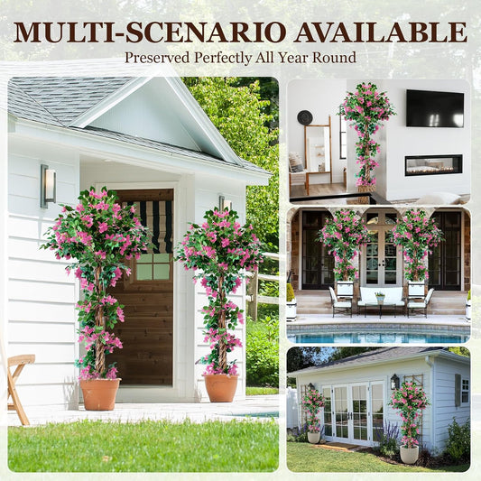 7FT Tall Bougainvillea Artificial Tree for Outdoors or Indoors, Faux Tree Realistic Wood with Flowers in Plastic Pot Front Porch Plants, Home, Office, Red, 2 PCS