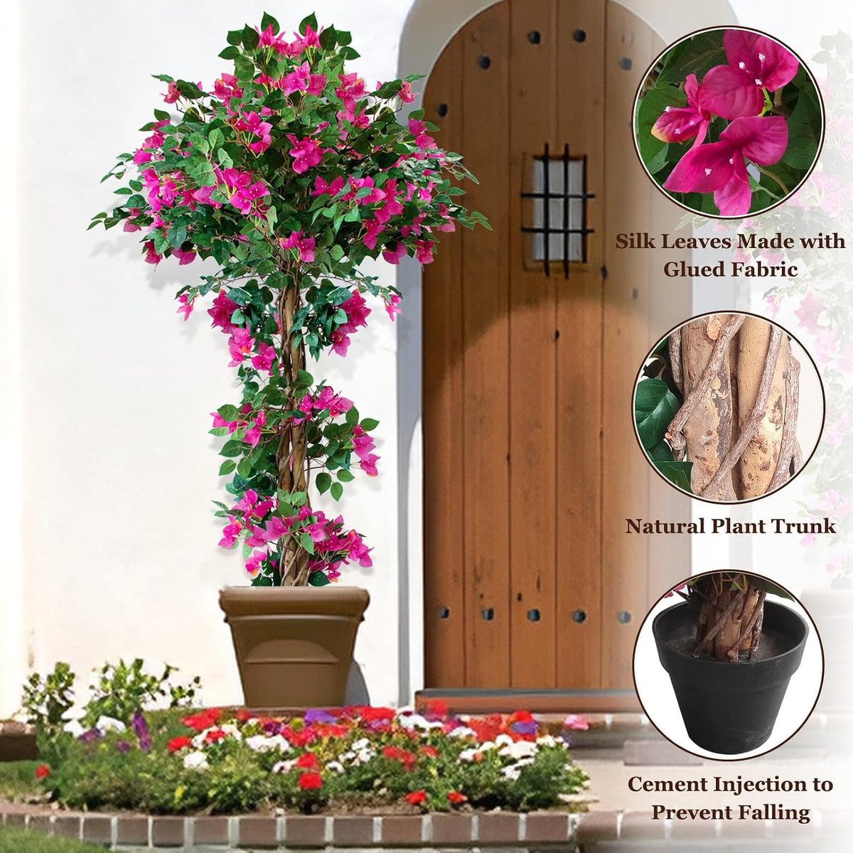 7FT Tall Bougainvillea Artificial Tree for Outdoors or Indoors, Faux Tree Realistic Wood with Flowers in Plastic Pot Front Porch Plants, Home, Office, Red, 2 PCS