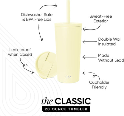 Iced Coffee Tumbler, Insulated | 24oz | Yellow | Reusable Stainless Steel Cup, Travel Mug, Water Bottle with Straw | Cupholder Friendly & Spill Resistant, Buttercup