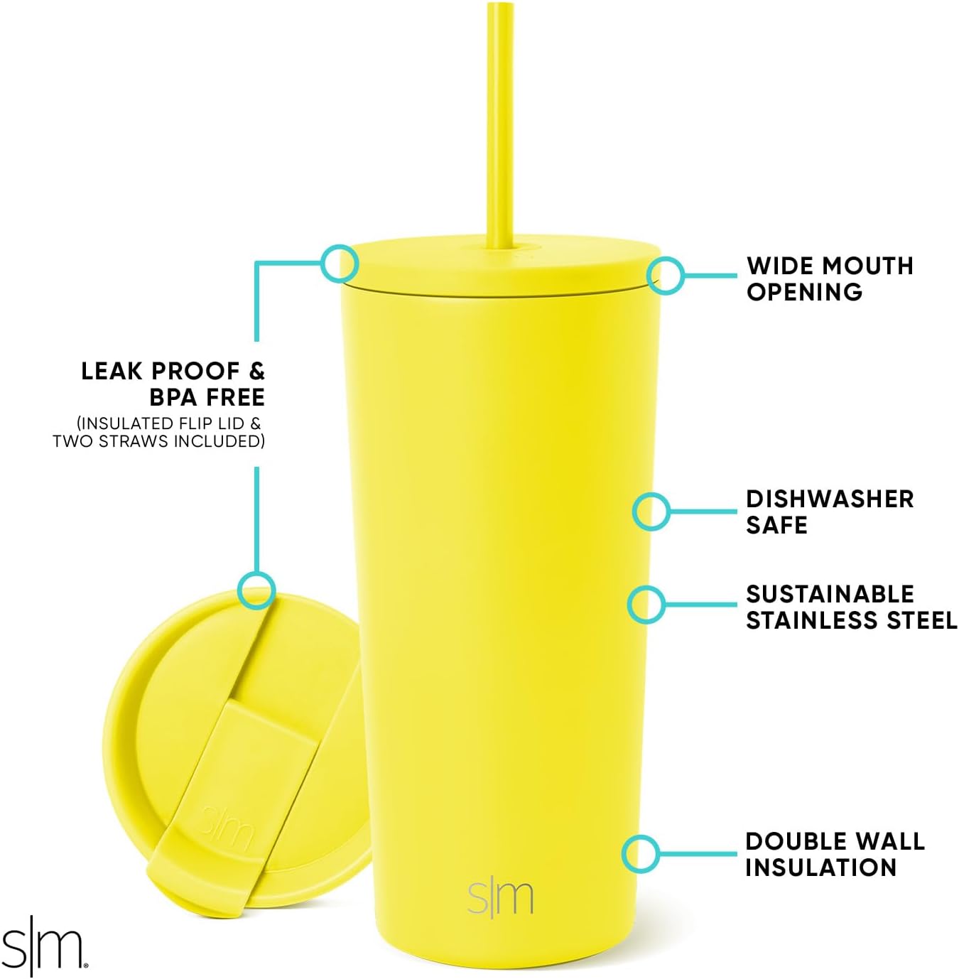 Iced Coffee Tumbler, Insulated | 24oz | Yellow | Reusable Stainless Steel Cup, Travel Mug, Water Bottle with Straw | Cupholder Friendly & Spill Resistant, Buttercup