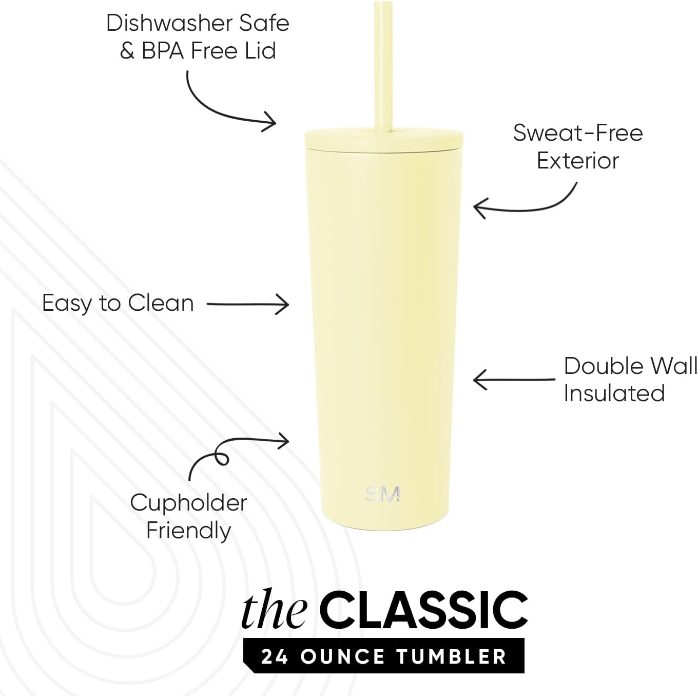 Iced Coffee Tumbler, Insulated | 24oz | Yellow | Reusable Stainless Steel Cup, Travel Mug, Water Bottle with Straw | Cupholder Friendly & Spill Resistant, Buttercup