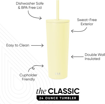 Iced Coffee Tumbler, Insulated | 24oz | Yellow | Reusable Stainless Steel Cup, Travel Mug, Water Bottle with Straw | Cupholder Friendly & Spill Resistant, Buttercup