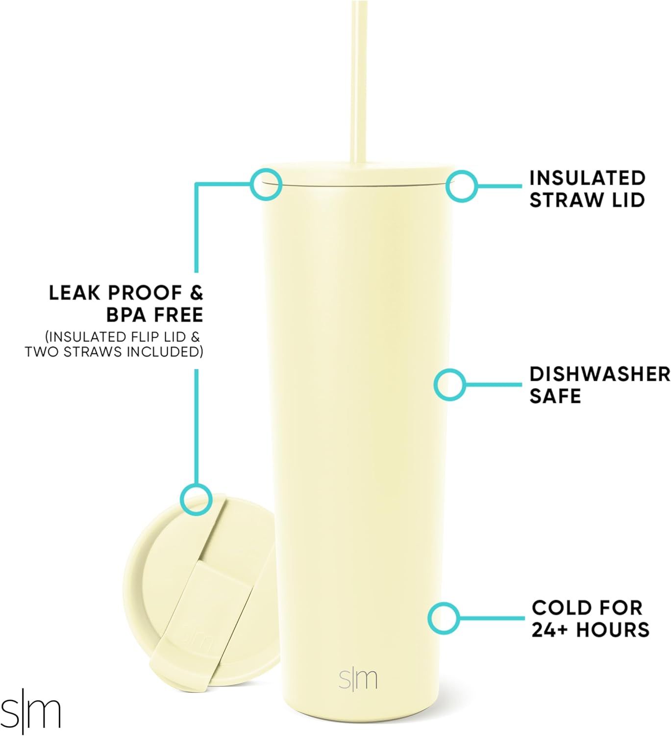 Iced Coffee Tumbler, Insulated | 24oz | Yellow | Reusable Stainless Steel Cup, Travel Mug, Water Bottle with Straw | Cupholder Friendly & Spill Resistant, Buttercup