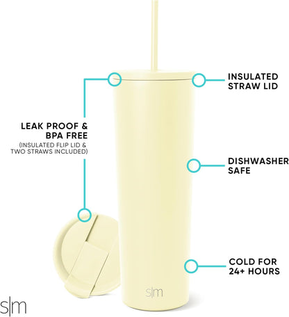 Iced Coffee Tumbler, Insulated | 24oz | Yellow | Reusable Stainless Steel Cup, Travel Mug, Water Bottle with Straw | Cupholder Friendly & Spill Resistant, Buttercup