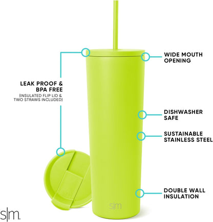 Iced Coffee Tumbler, Insulated | 24oz | Yellow | Reusable Stainless Steel Cup, Travel Mug, Water Bottle with Straw | Cupholder Friendly & Spill Resistant, Buttercup
