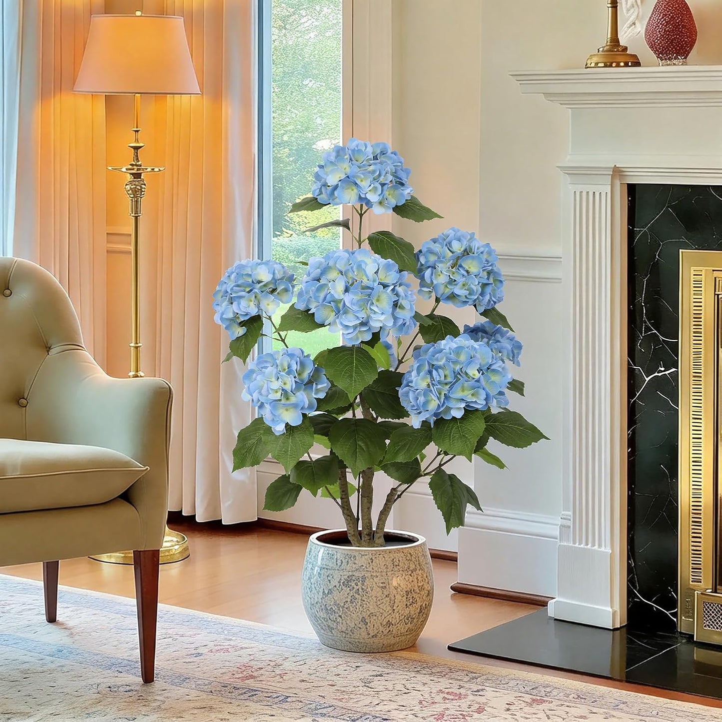 2FT Real Touch Faux Hydrangea Tree Outdoor, 2 Pack Blue Hydrangea Tree Artificial with Vibrant Blooms, Faux Hydrangea Potted Plant for Indoor Outdoor Home Front Porch Pation Decor