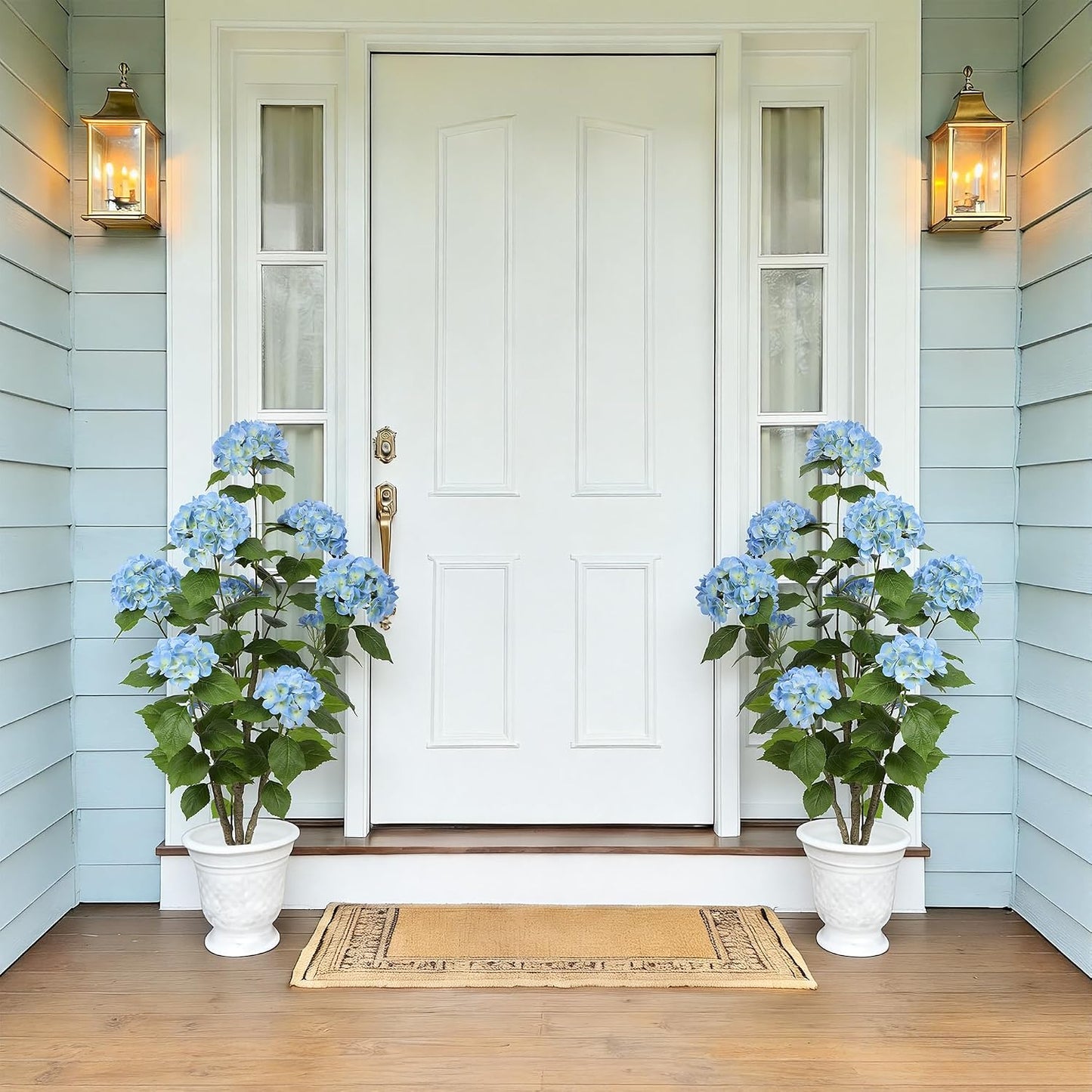 2FT Real Touch Faux Hydrangea Tree Outdoor, 2 Pack Blue Hydrangea Tree Artificial with Vibrant Blooms, Faux Hydrangea Potted Plant for Indoor Outdoor Home Front Porch Pation Decor