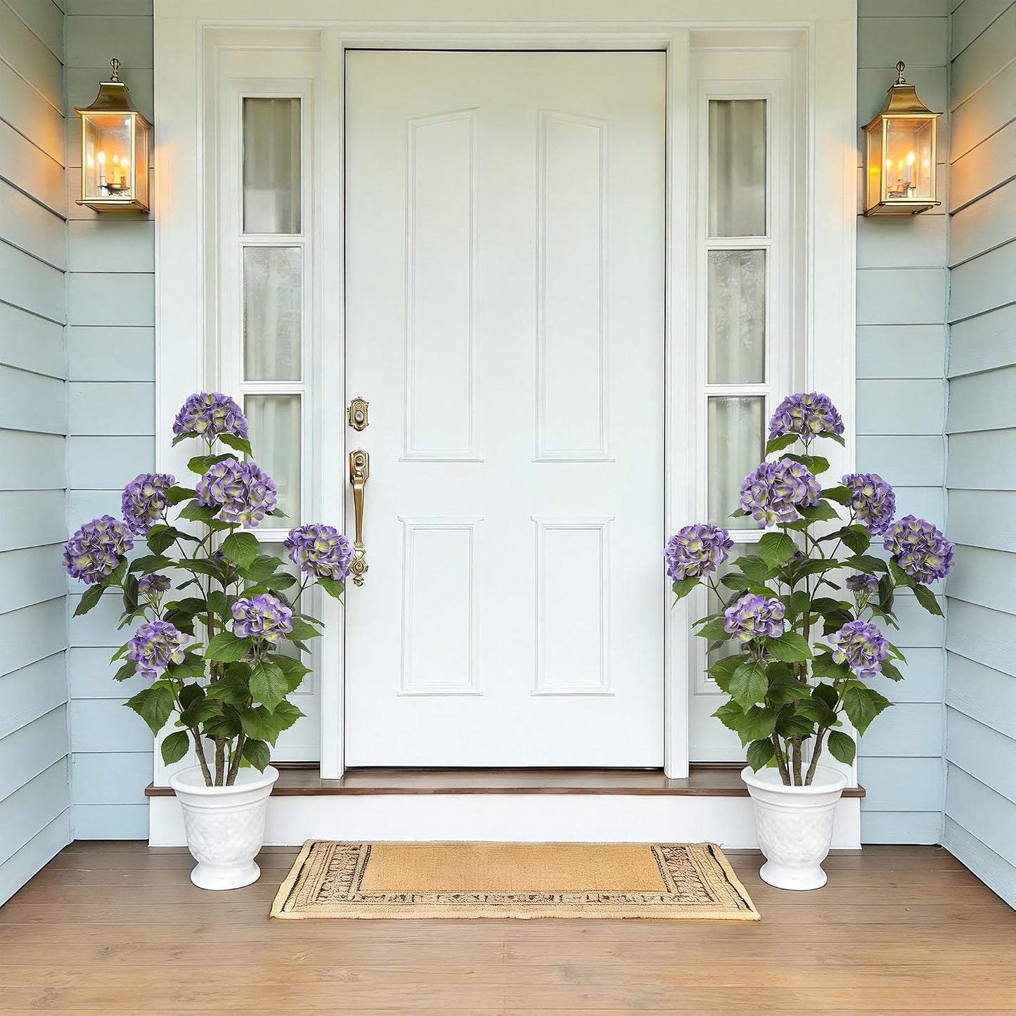 2FT Real Touch Faux Hydrangea Tree Outdoor, 2 Pack Blue Hydrangea Tree Artificial with Vibrant Blooms, Faux Hydrangea Potted Plant for Indoor Outdoor Home Front Porch Pation Decor