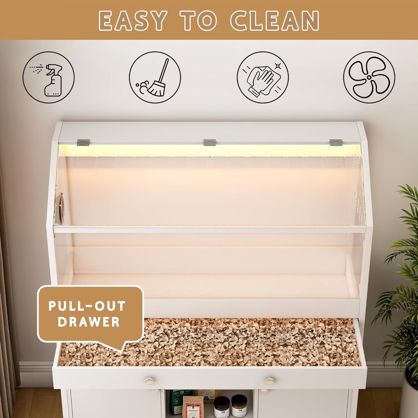 Hamster Cage with Storage Cabinet,43.3" Small Animal Cage with LED Lights and Fan, Easy View Acrylic Panel, Large Habitat for Guinea Pig, Hedgehog,Rat 43.3"x 15.7"x 43.3"