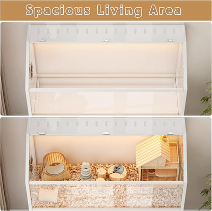 Hamster Cage with Storage Cabinet,43.3" Small Animal Cage with LED Lights and Fan, Easy View Acrylic Panel, Large Habitat for Guinea Pig, Hedgehog,Rat 43.3"x 15.7"x 43.3"