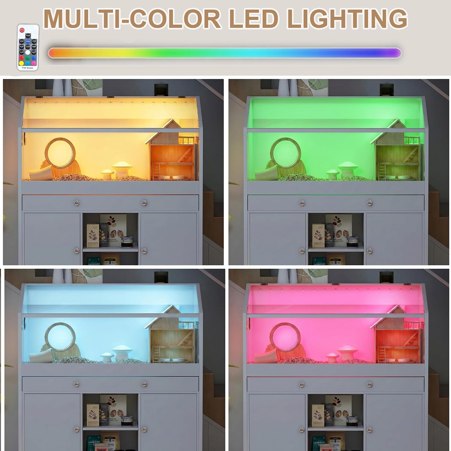 Hamster Cage with Storage Cabinet,43.3" Small Animal Cage with LED Lights and Fan, Easy View Acrylic Panel, Large Habitat for Guinea Pig, Hedgehog,Rat 43.3"x 15.7"x 43.3"