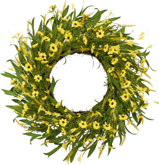 22 Inch Yellow Daisy & Forsythia Wreath, Artificial Summer Floral Wreath with Eucalyptus Leaves and Berries, Rustic Farmhouse Decor for Front Door Wall Window Indoor Outdoor