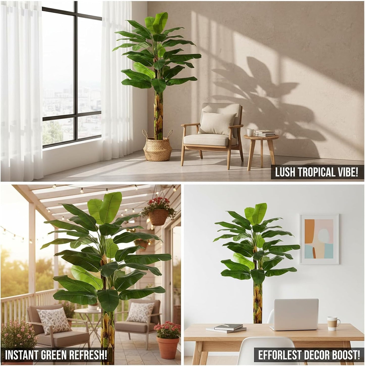 6FT Artificial Banana Tree, Faux Silk Banana Leaf Plant with 3 Stems & 17 Large Real Touch Leaves, Cement Weighted Potted Fake Tropical Tree, Indoor Decor for Living Room Office Patio