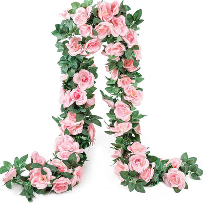 2 Pack 16FT Artificial Rose Garland Vine - Silk Fake Red Rose Flower Hanging Vine for Wedding Arch Home Wall Decor Valentine's Day Mother's Day Derby Day Party Decoration