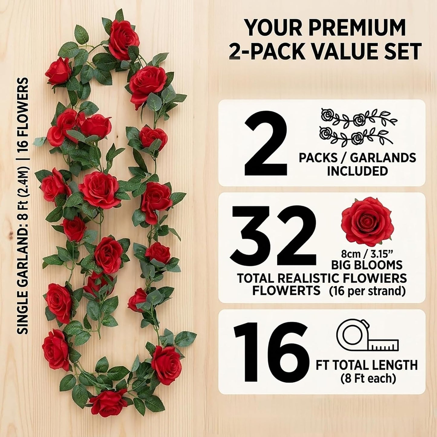 2 Pack 16FT Artificial Rose Garland Vine - Silk Fake Red Rose Flower Hanging Vine for Wedding Arch Home Wall Decor Valentine's Day Mother's Day Derby Day Party Decoration