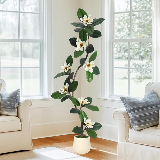 5FT Tall Lifelike Artificial Magnolia Tree with 7 Pcs Magnolia Flowers in White Planter Pot, Rubber Tree Faux Plants Indoor Artificial Plants & Flowers for Home Office Living Room Decor