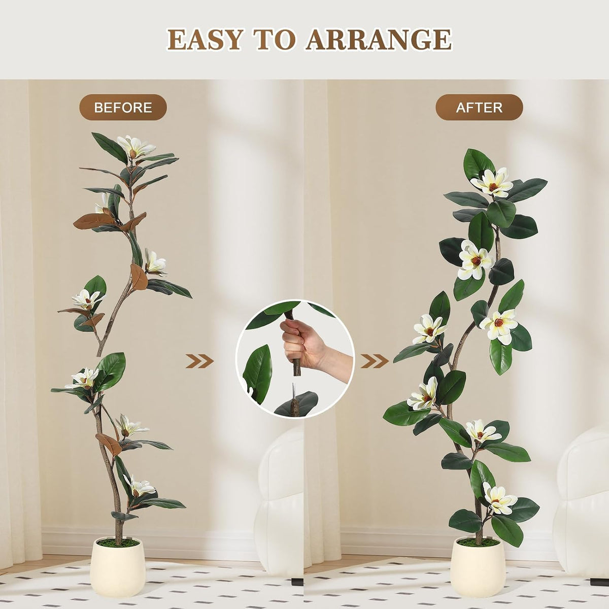 5FT Tall Lifelike Artificial Magnolia Tree with 7 Pcs Magnolia Flowers in White Planter Pot, Rubber Tree Faux Plants Indoor Artificial Plants & Flowers for Home Office Living Room Decor