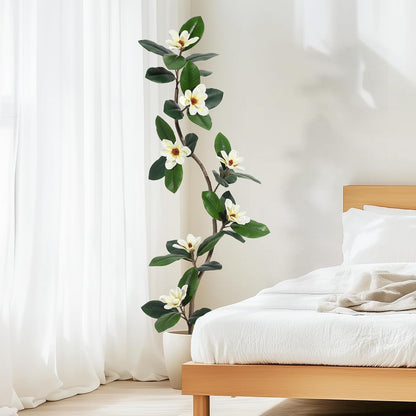 5FT Tall Lifelike Artificial Magnolia Tree with 7 Pcs Magnolia Flowers in White Planter Pot, Rubber Tree Faux Plants Indoor Artificial Plants & Flowers for Home Office Living Room Decor