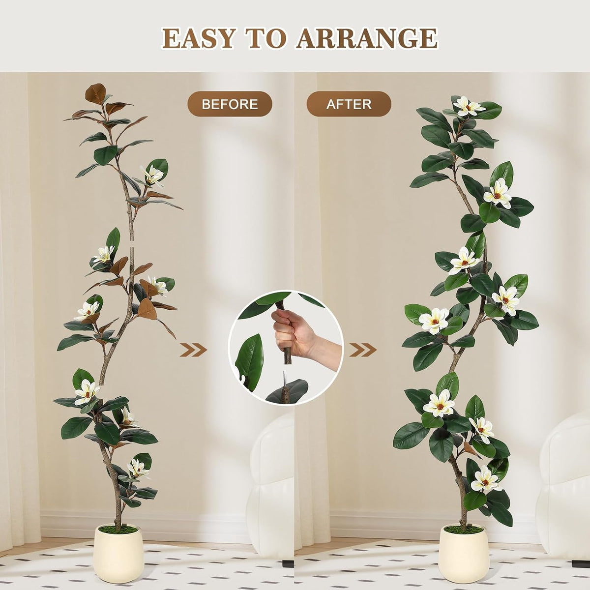 5FT Tall Lifelike Artificial Magnolia Tree with 7 Pcs Magnolia Flowers in White Planter Pot, Rubber Tree Faux Plants Indoor Artificial Plants & Flowers for Home Office Living Room Decor