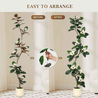 5FT Tall Lifelike Artificial Magnolia Tree with 7 Pcs Magnolia Flowers in White Planter Pot, Rubber Tree Faux Plants Indoor Artificial Plants & Flowers for Home Office Living Room Decor