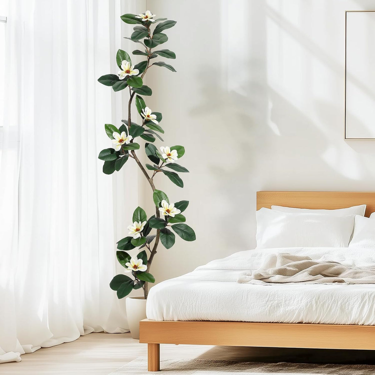 5FT Tall Lifelike Artificial Magnolia Tree with 7 Pcs Magnolia Flowers in White Planter Pot, Rubber Tree Faux Plants Indoor Artificial Plants & Flowers for Home Office Living Room Decor