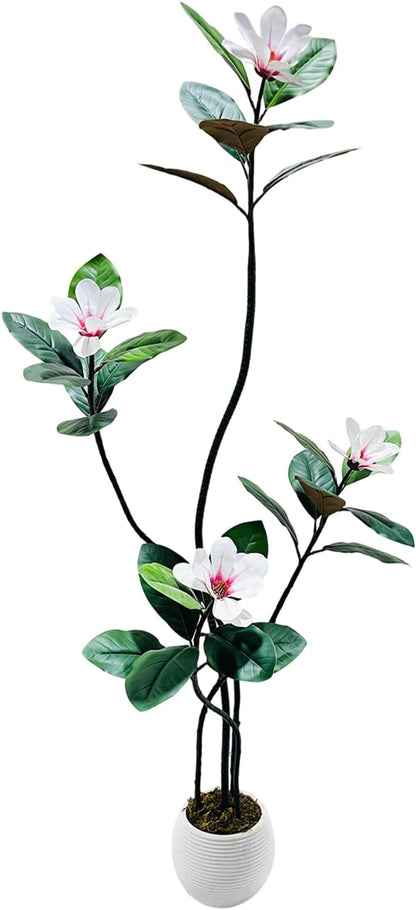 5FT Tall Lifelike Artificial Magnolia Tree with 7 Pcs Magnolia Flowers in White Planter Pot, Rubber Tree Faux Plants Indoor Artificial Plants & Flowers for Home Office Living Room Decor