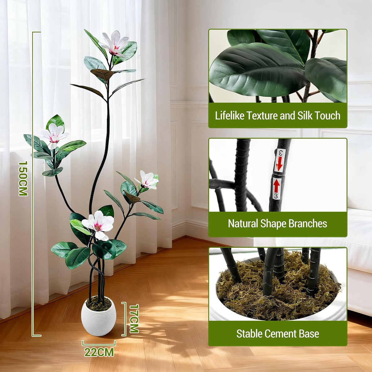 5FT Tall Lifelike Artificial Magnolia Tree with 7 Pcs Magnolia Flowers in White Planter Pot, Rubber Tree Faux Plants Indoor Artificial Plants & Flowers for Home Office Living Room Decor
