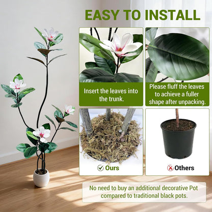 5FT Tall Lifelike Artificial Magnolia Tree with 7 Pcs Magnolia Flowers in White Planter Pot, Rubber Tree Faux Plants Indoor Artificial Plants & Flowers for Home Office Living Room Decor