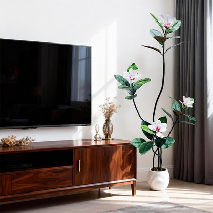5FT Tall Lifelike Artificial Magnolia Tree with 7 Pcs Magnolia Flowers in White Planter Pot, Rubber Tree Faux Plants Indoor Artificial Plants & Flowers for Home Office Living Room Decor