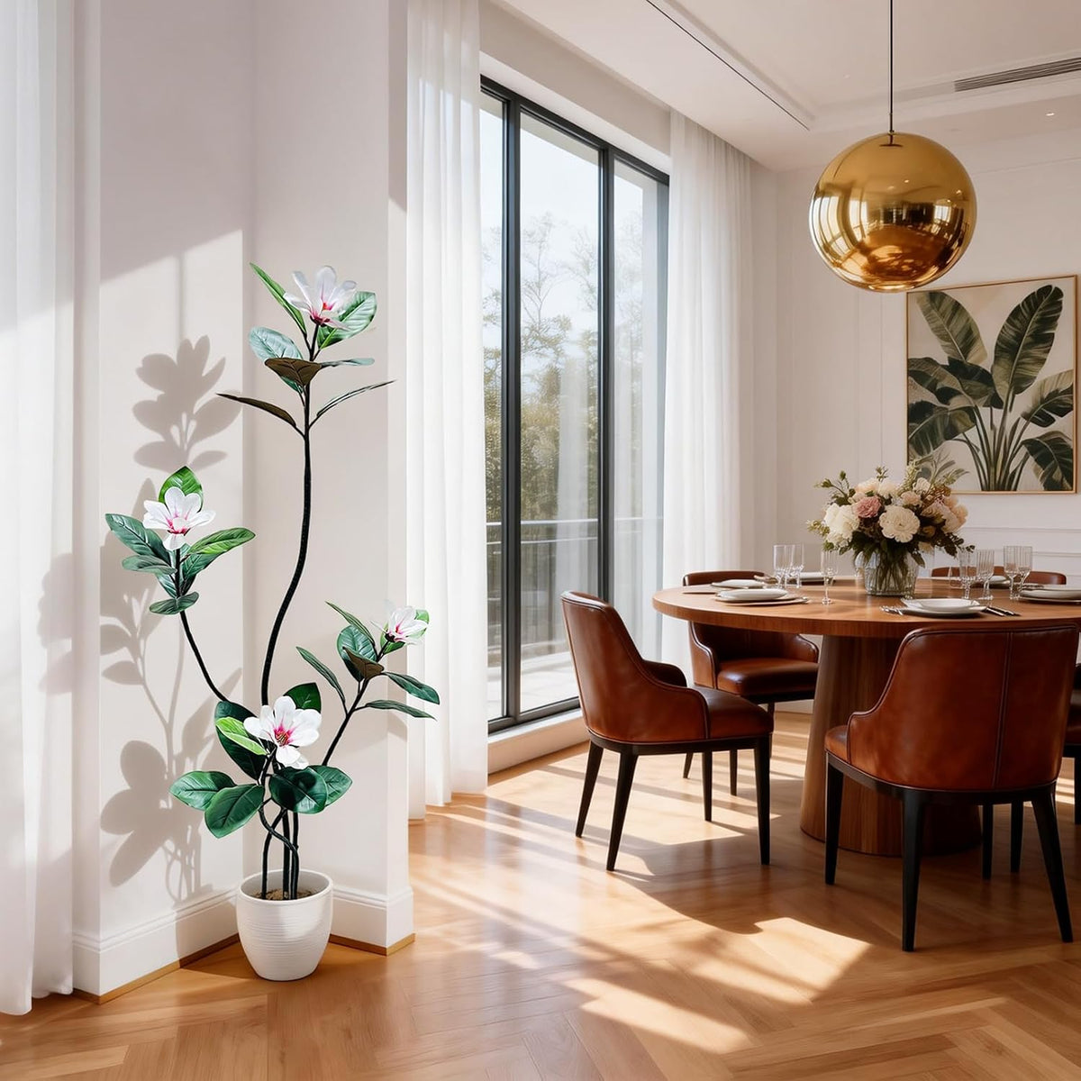 5FT Tall Lifelike Artificial Magnolia Tree with 7 Pcs Magnolia Flowers in White Planter Pot, Rubber Tree Faux Plants Indoor Artificial Plants & Flowers for Home Office Living Room Decor